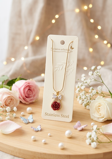 Sparkling Red rose & Bow necklace