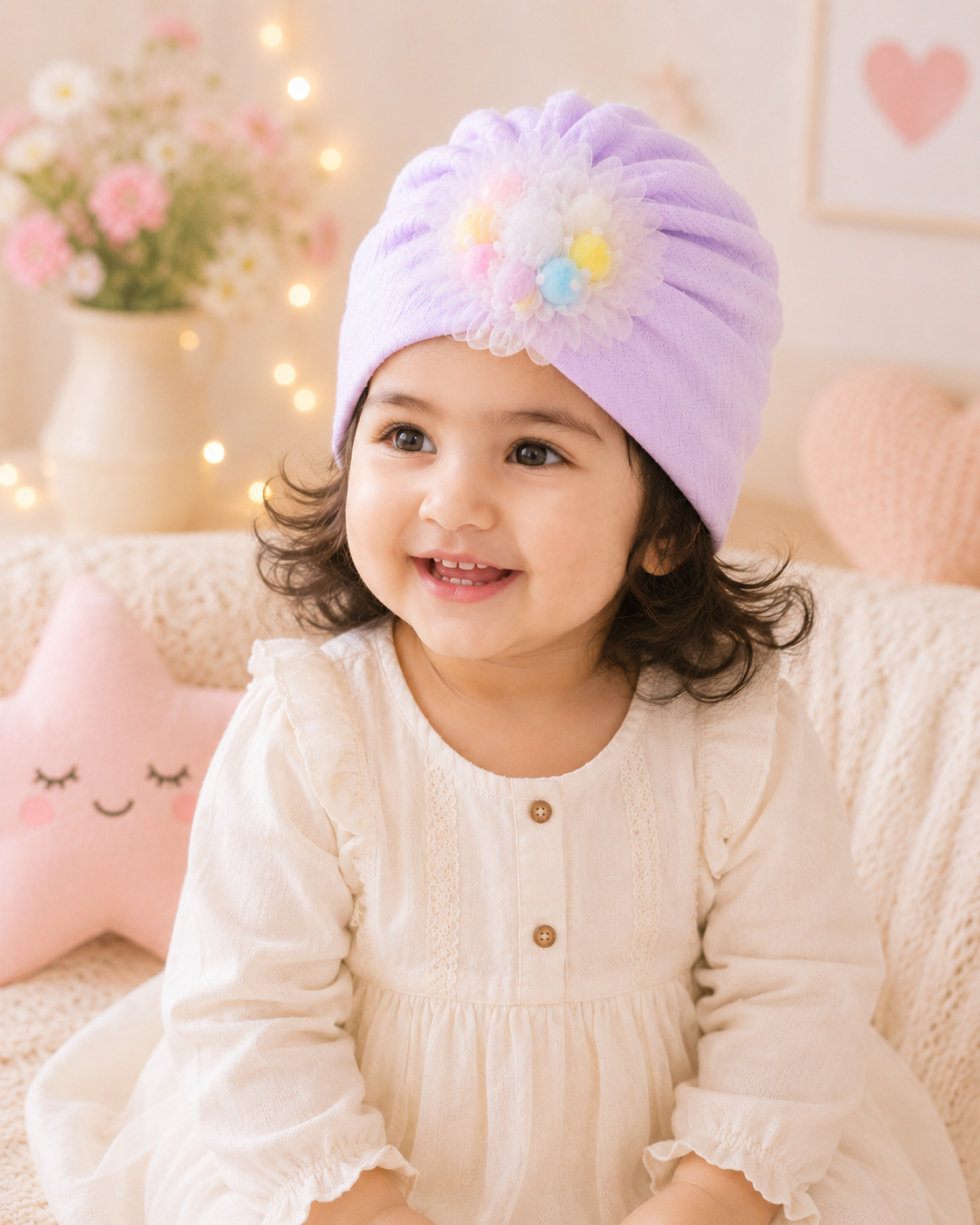 Baby Turban Cap with Floral Bow | Soft Newborn & Toddler Headwrap