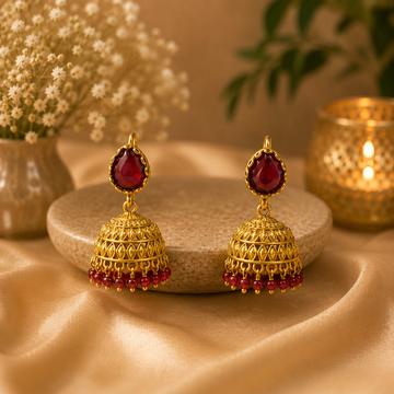Ruby Stone Antique Gold Jhumka Earrings