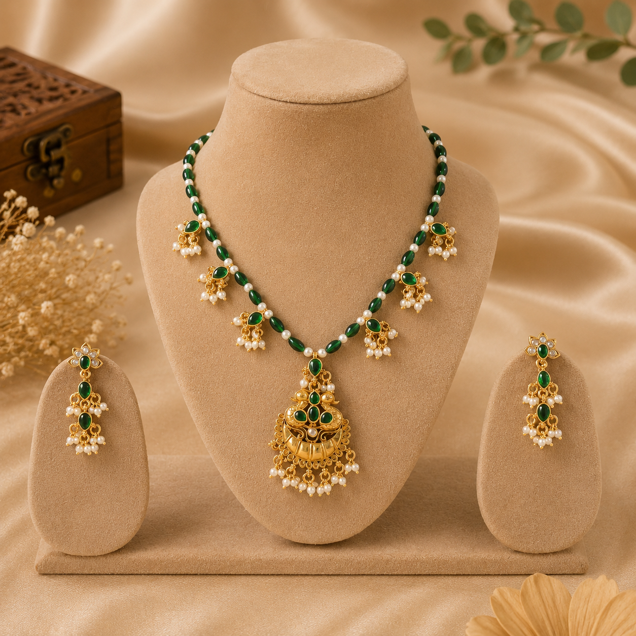Emerald / Ruby Red Pearl Necklace Set