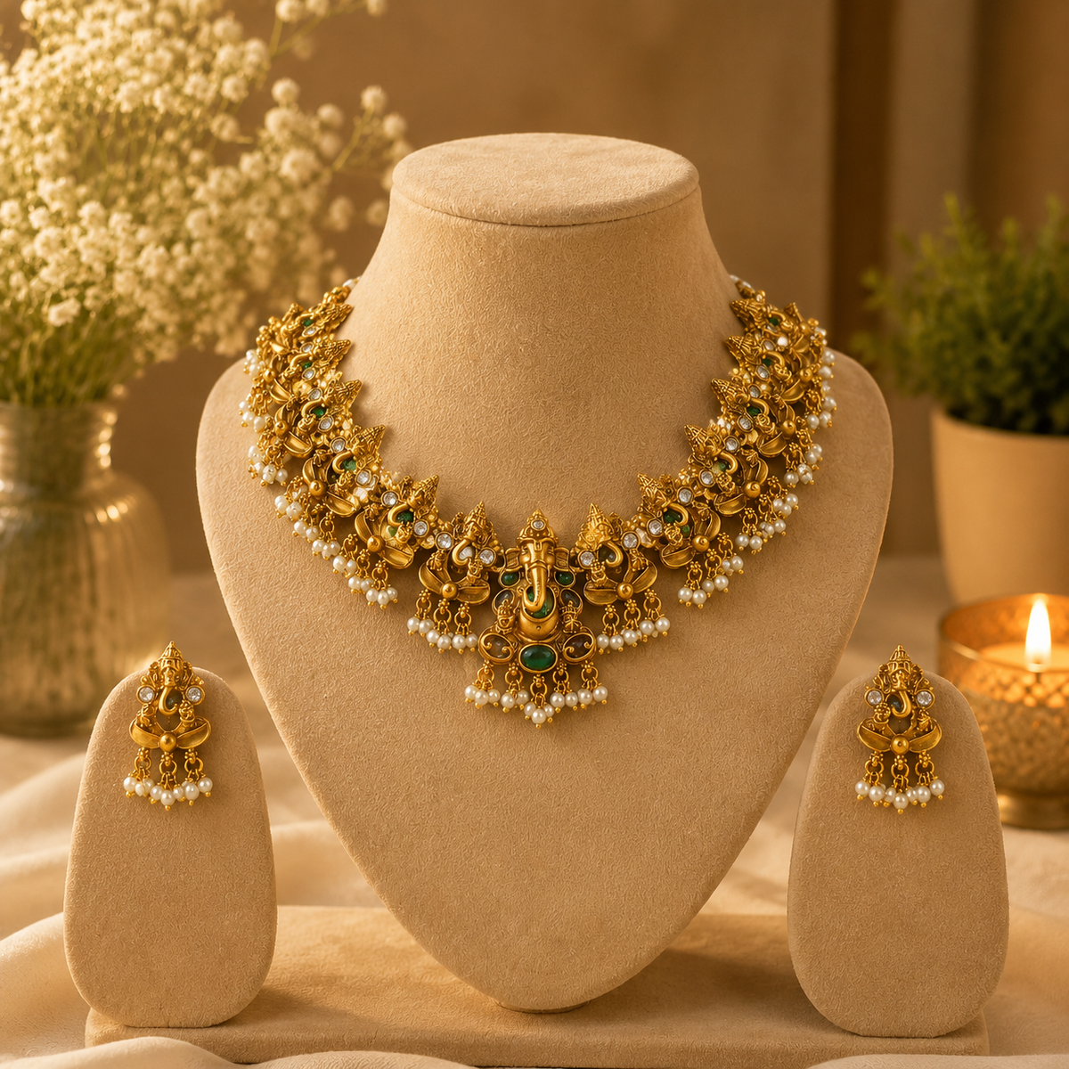 Lord Ganesha Temple Necklace Set with Green stones and Pearl  Drops
