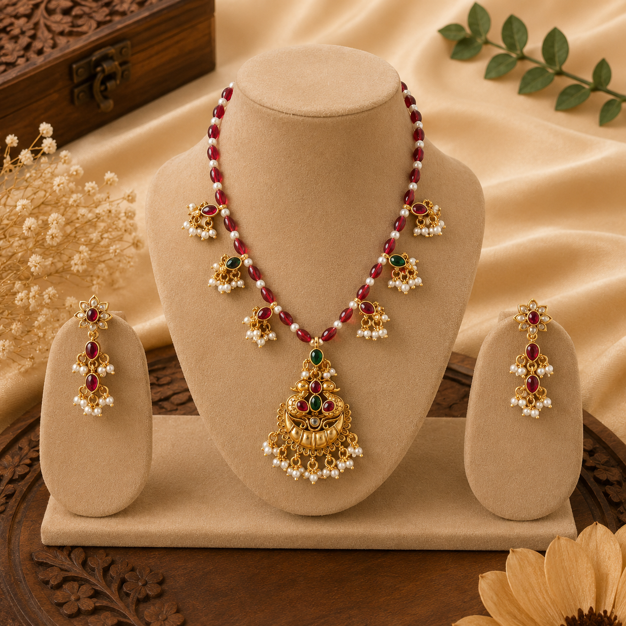 Emerald / Ruby Red Pearl Necklace Set