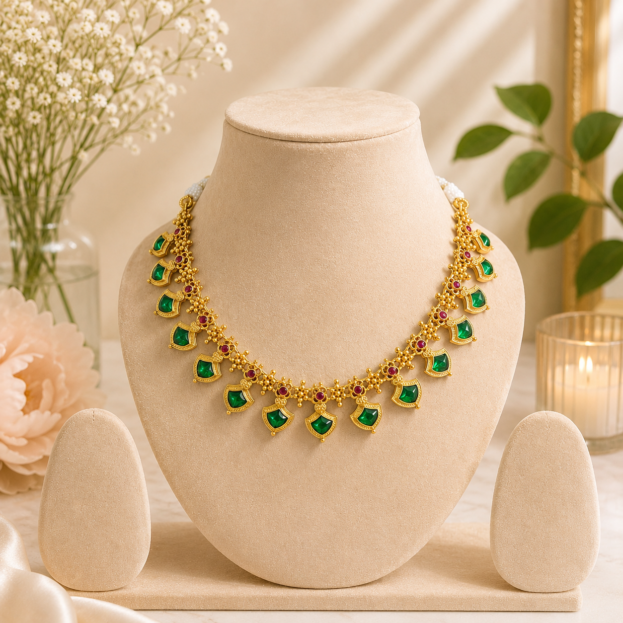 Kerala Traditional Palakka Stone Necklace (Green)