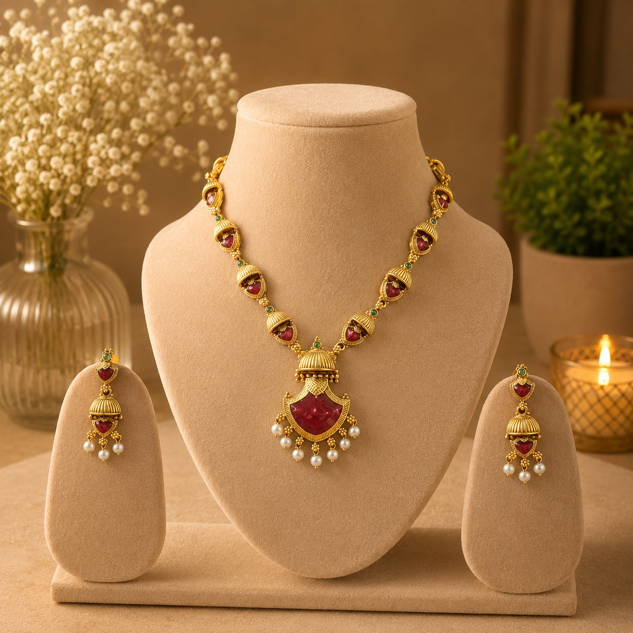 Traditional Palakka Temple Necklace Set with Pearl Drops