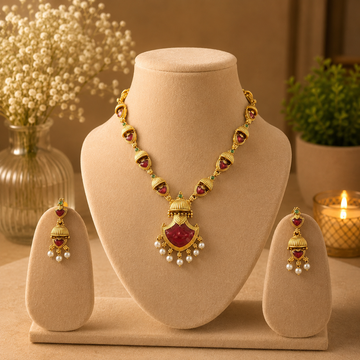 Traditional Palakka Temple Necklace Set with Pearl Drops