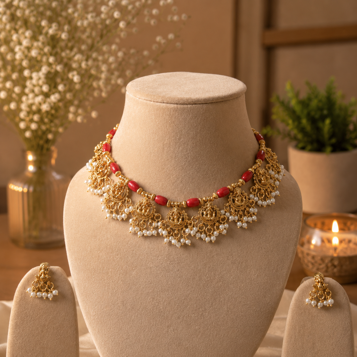 Traditional Coral Bead Temple Necklace Set |