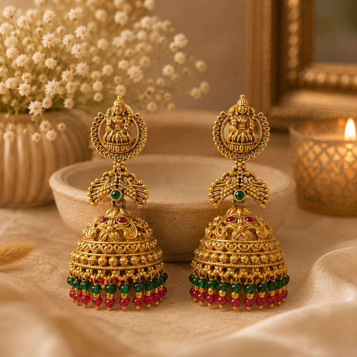 Heritage Lakshmi Jhumka Earrings with Peacock Motif & Bead Tassels