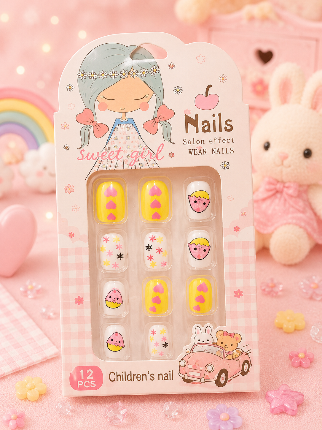Kids' Yellow-Themed Heart & Cartoon Press-On Nail Set