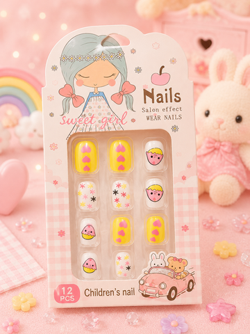 Kids' Yellow-Themed Heart & Cartoon Press-On Nail Set
