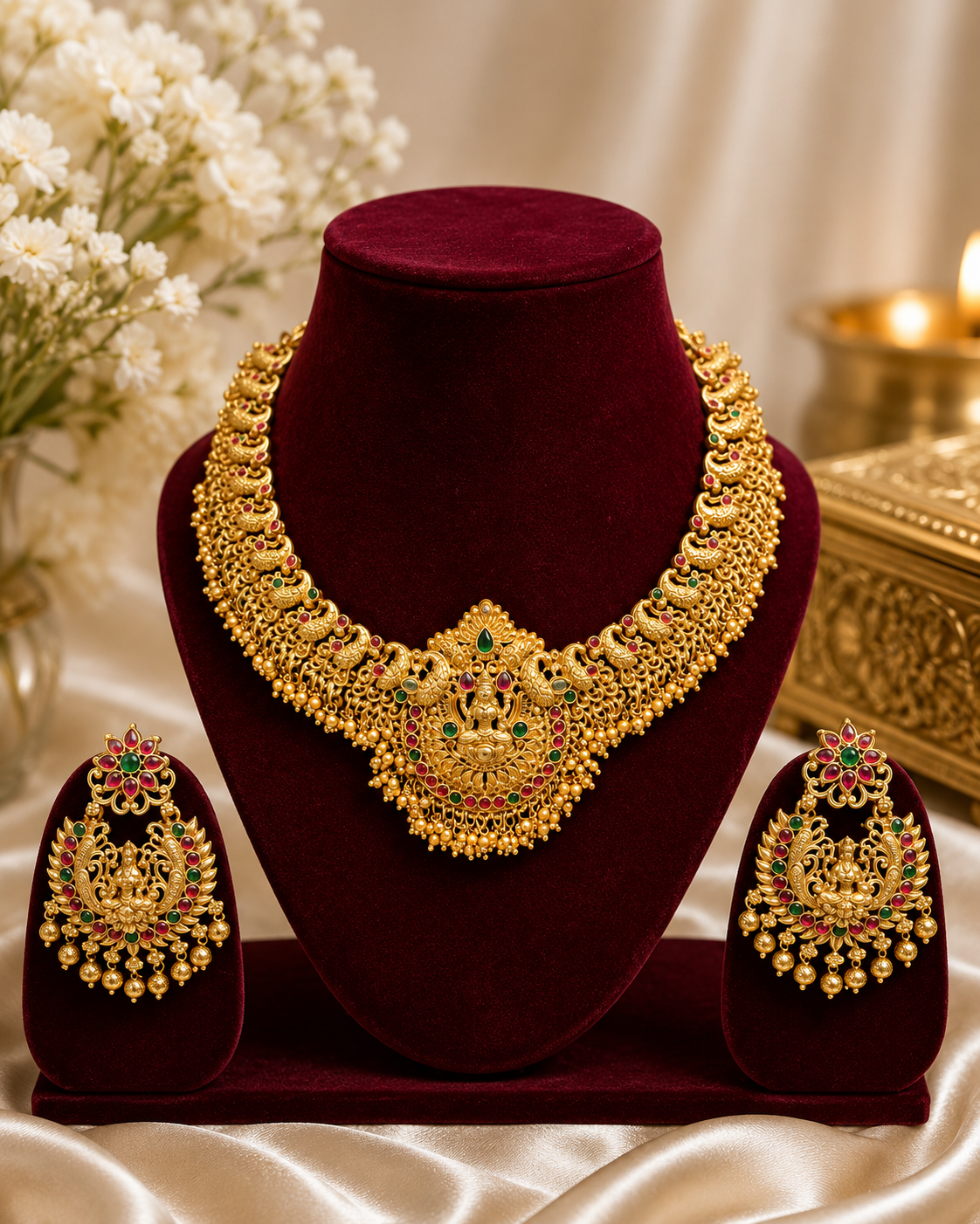 Traditional Lakshmi Temple Necklace Set with Matching Earrings | Antique Gold Finish