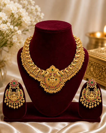 Traditional Lakshmi Temple Necklace Set with Matching Earrings | Antique Gold Finish