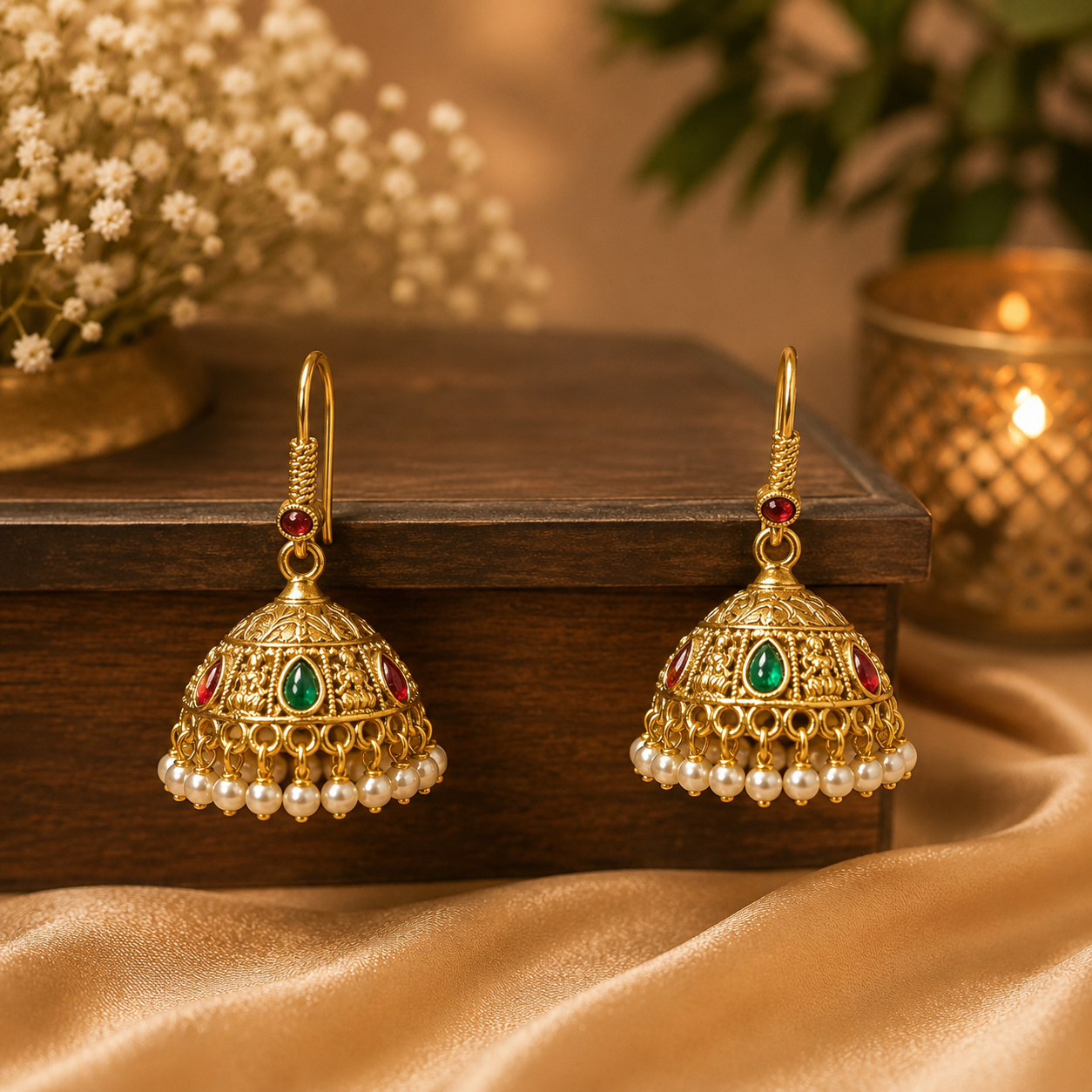 Traditional Ruby Emerald Hook Jhumka Earrings