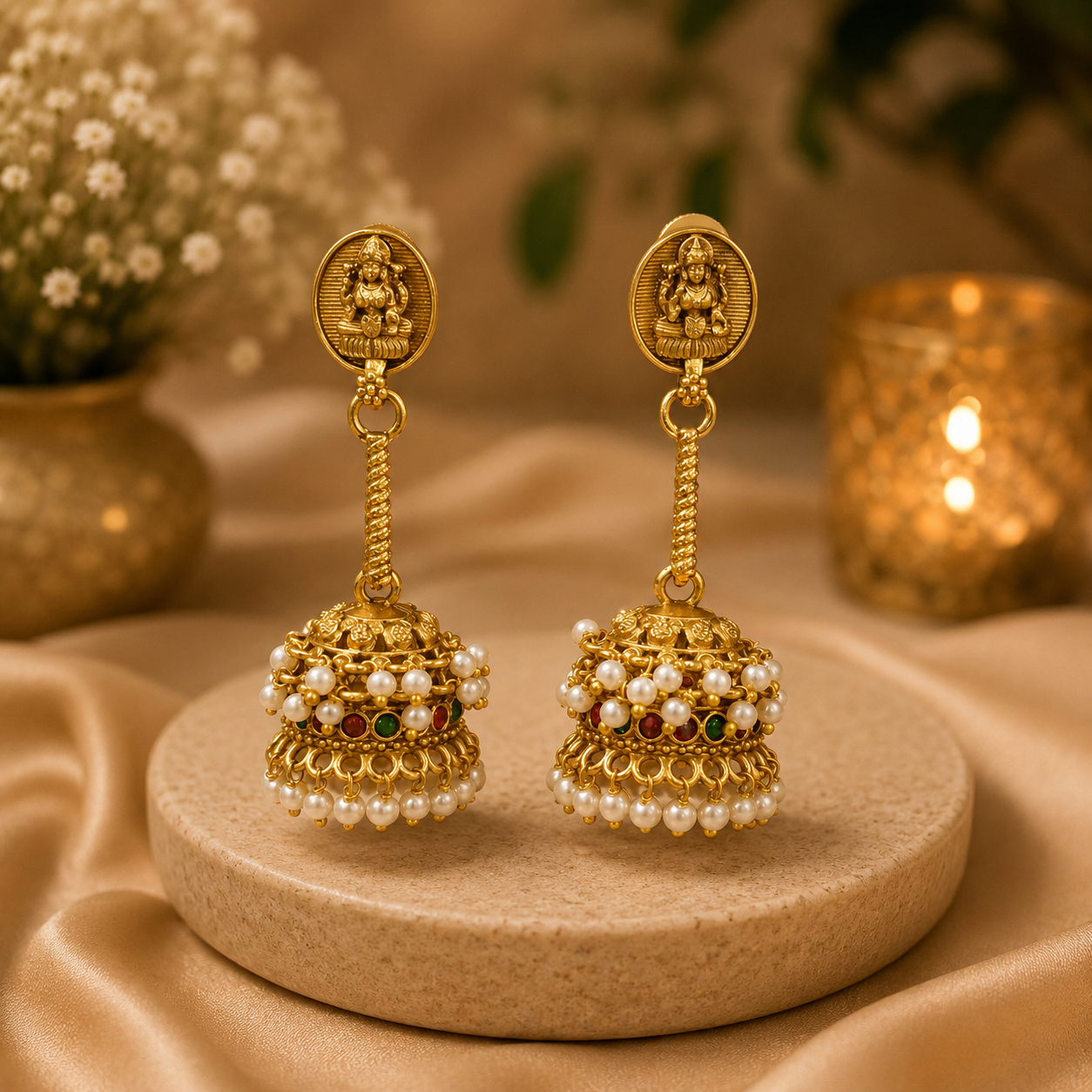Lakshmi Long Stem Pearl Jhumkas