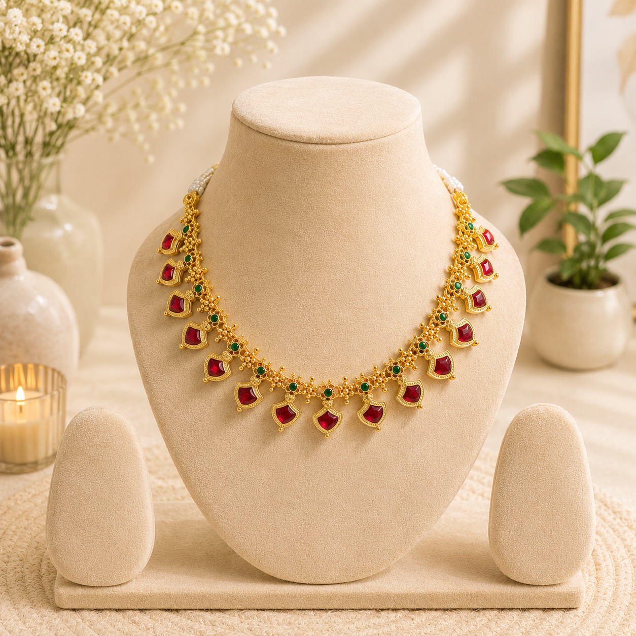 Kerala Traditional Palakka Stone Necklace(Red))