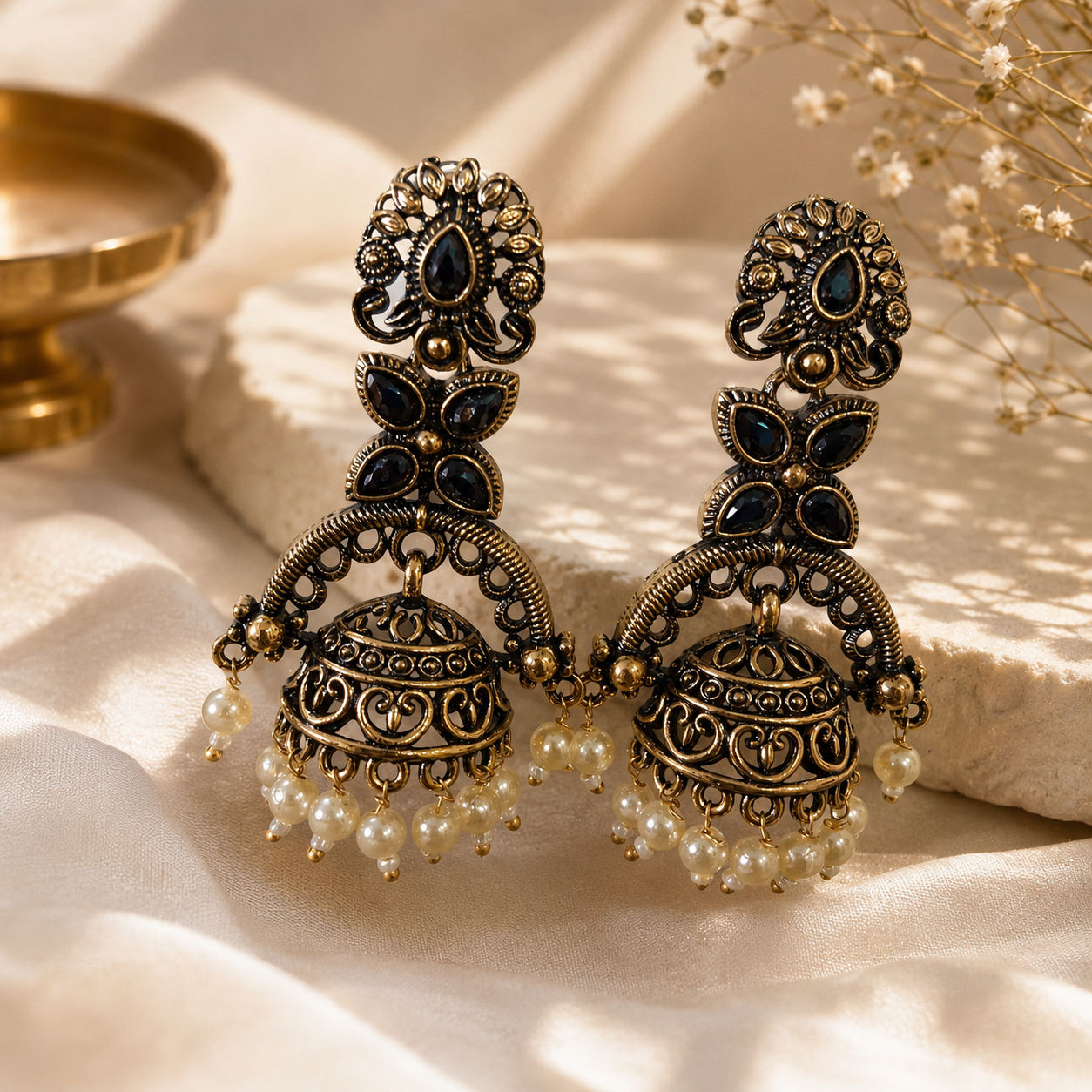 Black Floral Antique Jhumka Earrings