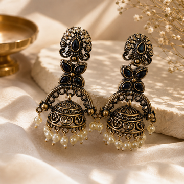 Black Floral Antique Jhumka Earrings
