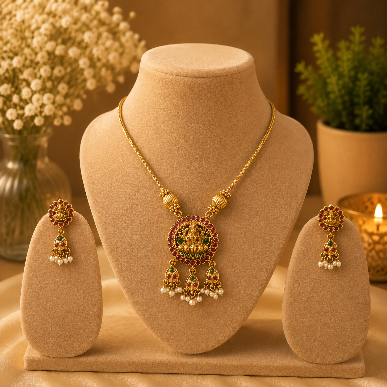 Lakshmi Temple Pendant Necklace Set with Ruby & Green Stones
