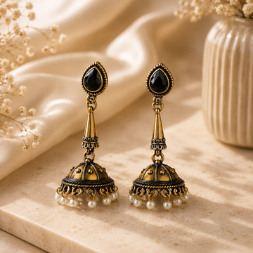 Black Stone Jhumka Pearl Drop Earrings