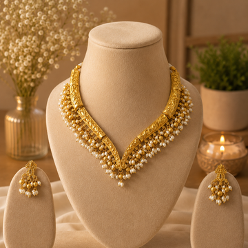 Traditional Antique Gold V-Shape Pearl Drop Necklace Set