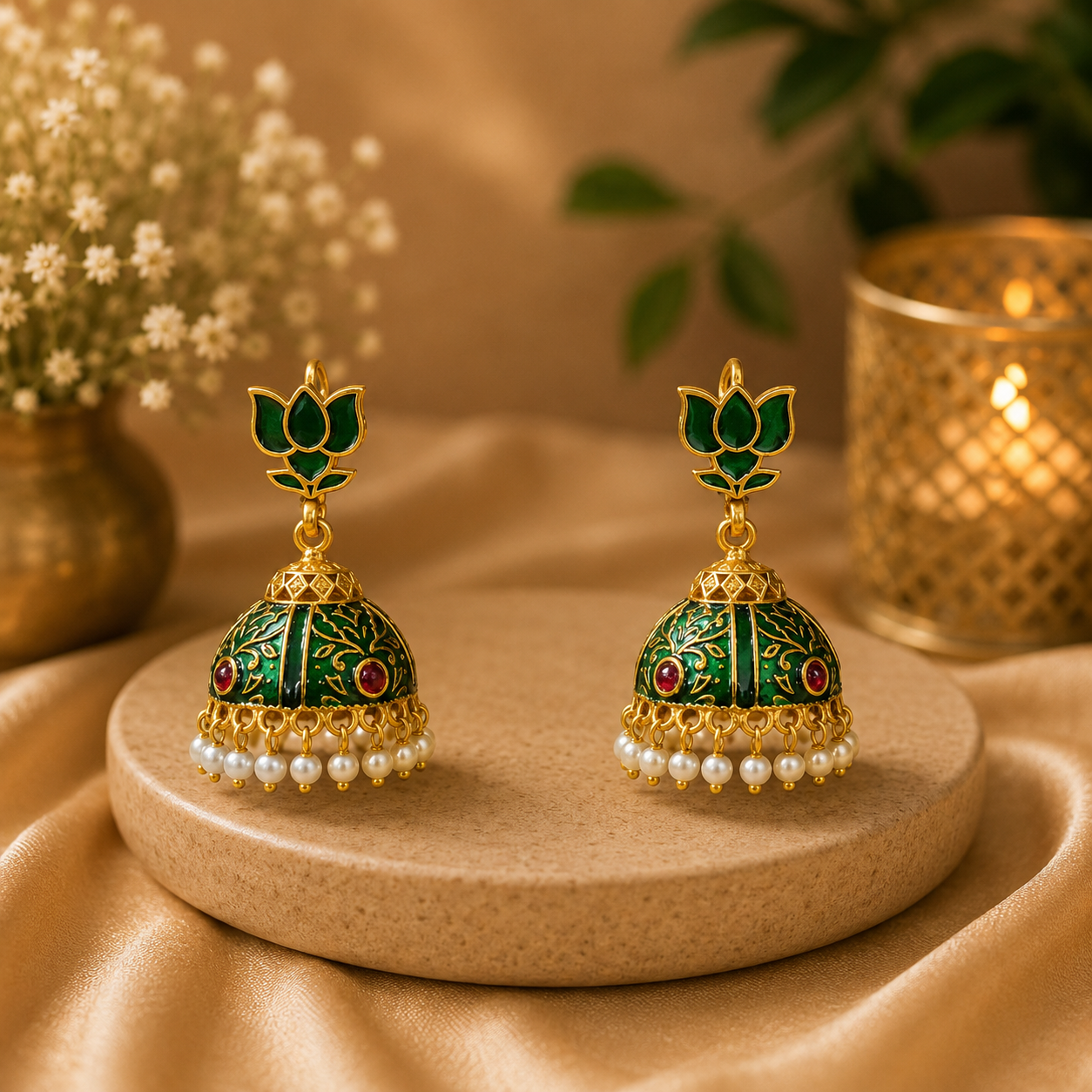 Royal Green Enamel Lotus Jhumka Earrings