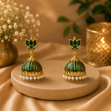 Royal Green Enamel Lotus Jhumka Earrings