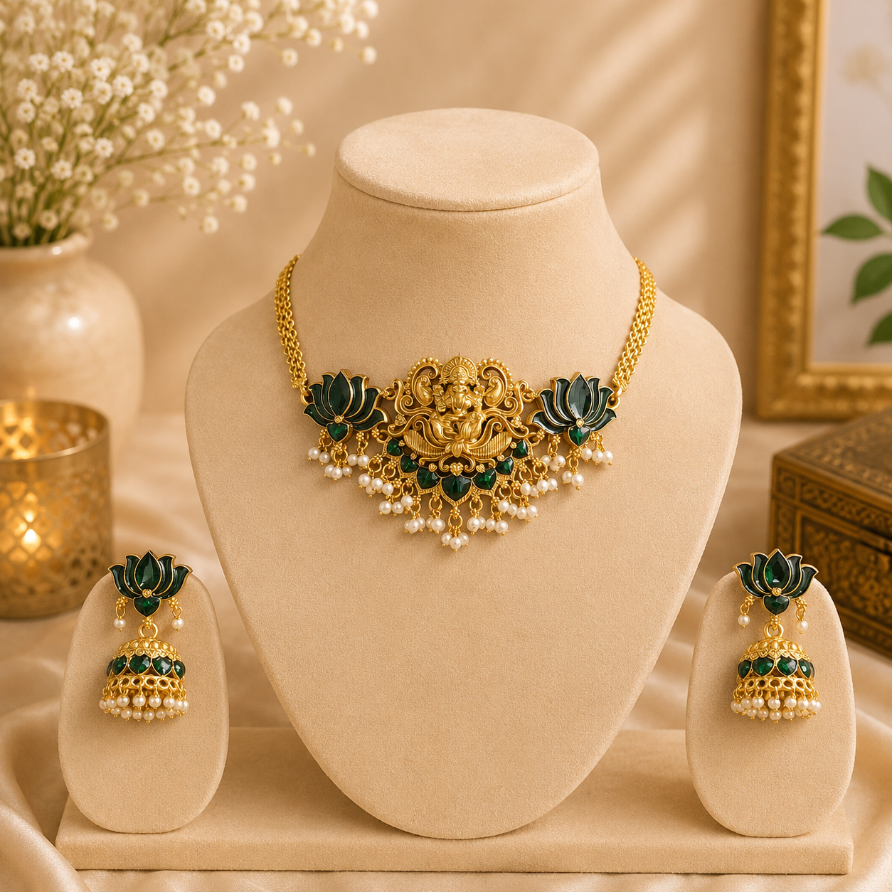 Royal Lakshmi Green Lotus Necklace with Jumka