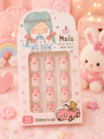 Kids' Striped Bow & Polka Dot Press-On Nail Set.